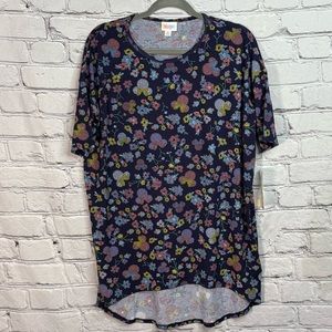 LuLaRoe Irma Tunic Blue Multi Color Floral Pattern Hidden Mickey Mouse Heads XS